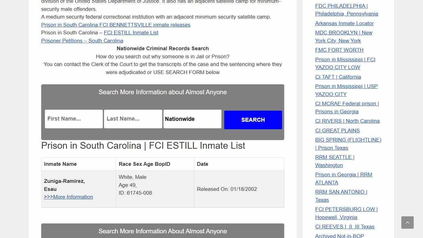 Prison in South Carolina FCI ESTILL – Inmate Releases