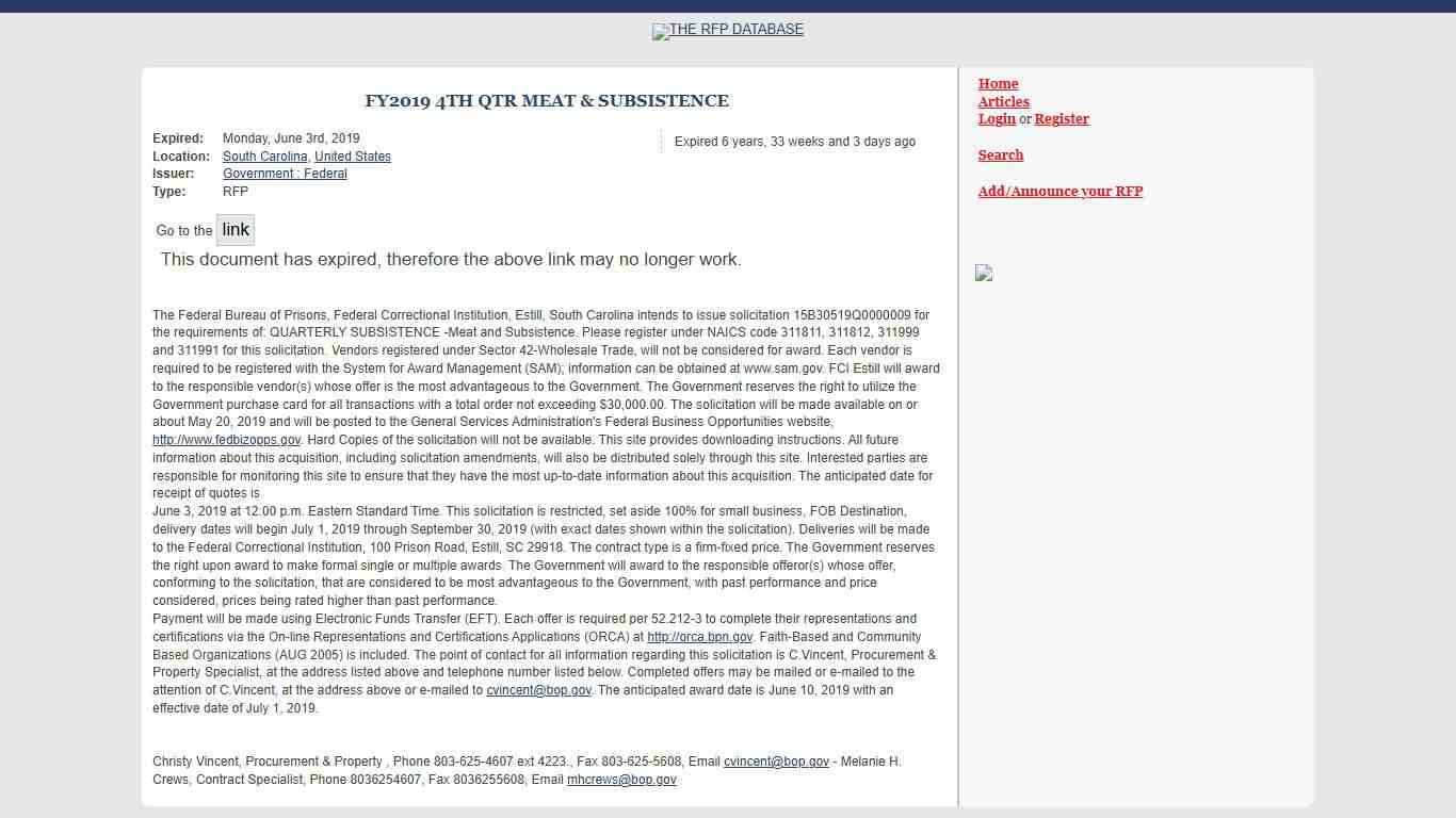 RFP : FY2019 4TH QTR MEAT & SUBSISTENCE in South Carolina, United States