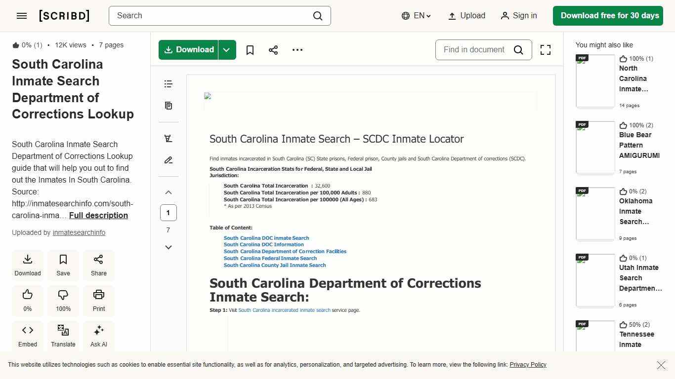South Carolina Inmate Search Department of Corrections Lookup PDF South Carolina Southern United States
